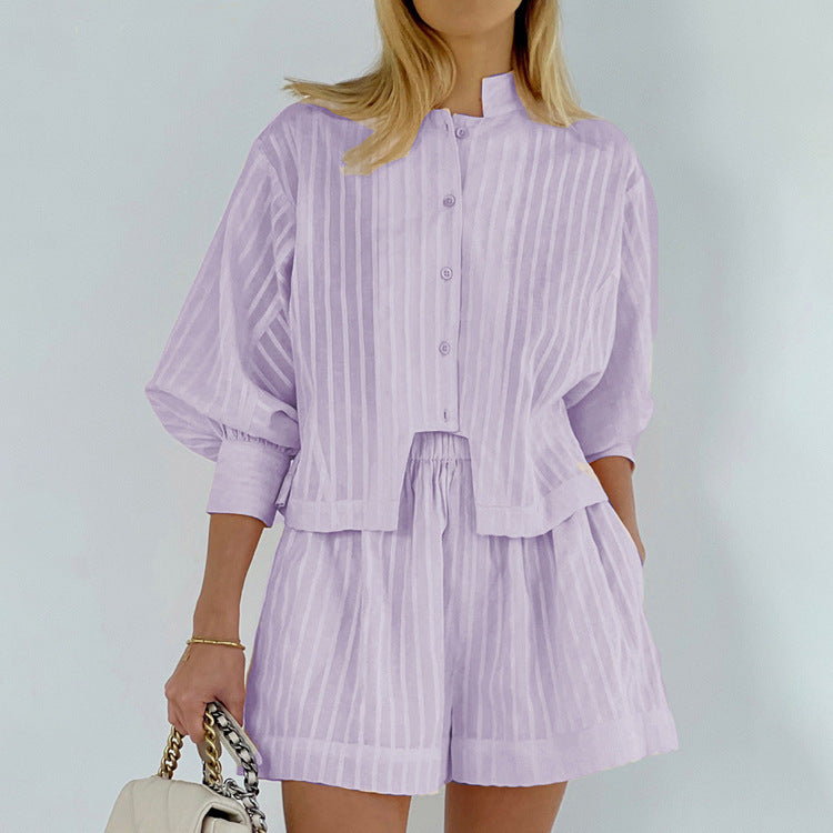 Cotton Striped Shirt O-Neck Lantern Sleeve Top Elastic Waist Shorts Female Sets